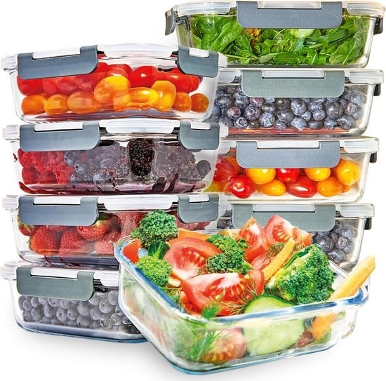KitchenBrothers Meal Prep Trays - Set de plateaux fraîcheur - hermétique - sans BPA - 1L - verre - 10 pièces