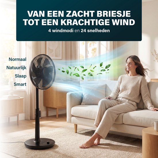 Ventilateur sur pied Princess DC - Ultra silencieux - ⌀40 cm - 24 vitesses - Réglable en hauteur – 4 modes de ventilation – Minuterie 1 à 24 heures – Oscillation à 90° – Avec télécommande - 354860