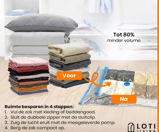 Loti Living Vacuum Bag Set - 14 Pieces / 4 Sizes - Incl. Hand Pump - Reusable Storage Bags for Clothes, Quilts & Travel - Saving up to 80% Space (en anglais)