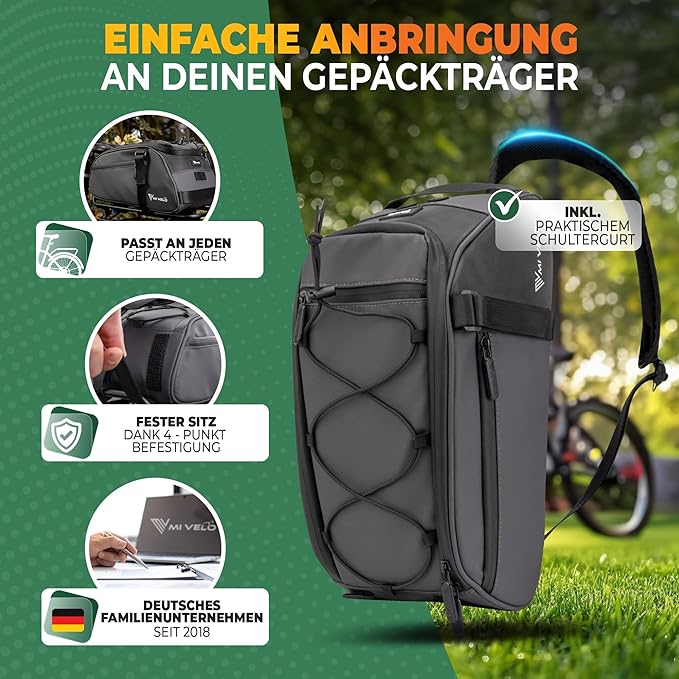 MIVELO Pannier - Sac à dos et à bandoulière 3-en-1 - Imperméable et réfléchissant - 9 litres - Gris foncé