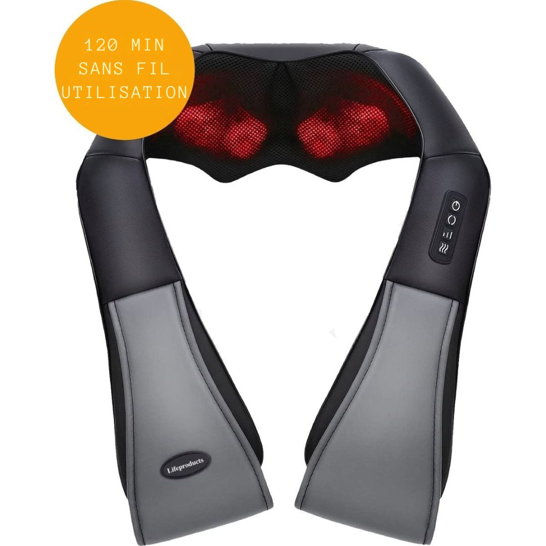 Coussin de massage Shiatsu - Lifeproducts - Rechargeable - Masseur sans fil chauffant pour le cou et le dos - noir