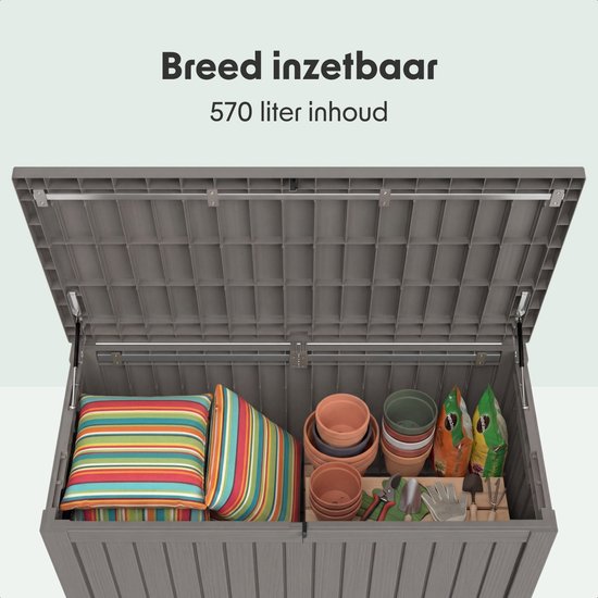 LifeGoods Boîte de rangement - 570L - Boîte à coussins - Imperméable - Boîte à coussins de jardin - Inox - Boîte de jardin - 137.5x66.5x72.8 cm - Gris
