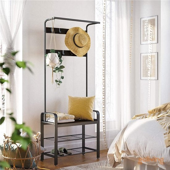 Goliving Porte-manteau - Porte-penderie - Meuble d'entrée - Porte-chaussures - Meuble à chaussures - Meuble industriel - Métal/Bois - 72 x 34 x 183 cm - Noir