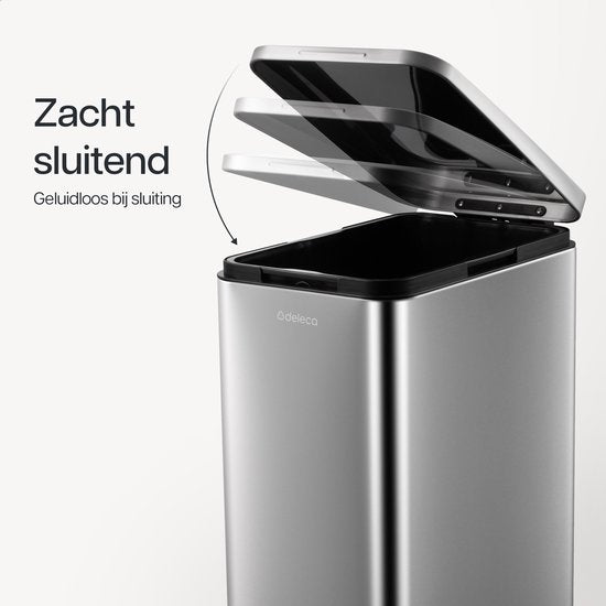 Deleca Trashcan Prestige - 50 Liter - Narrow - Stainless steel Dustbin / Waste Bin / Pedal Bin - With Foot Pedal and Slow Close - Matt Silver