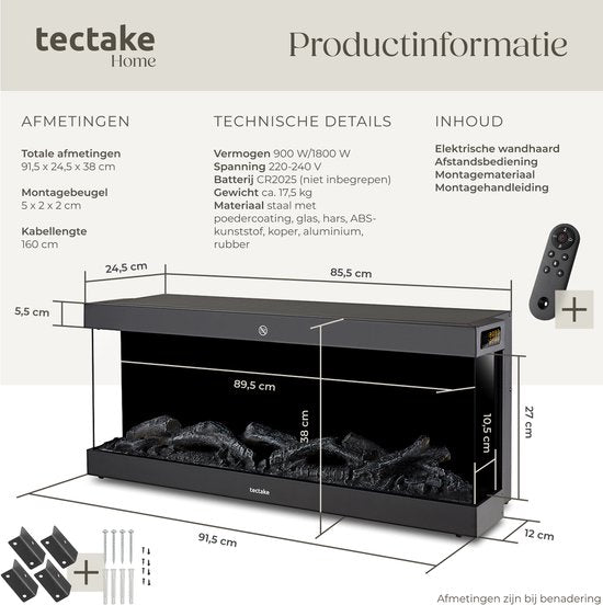 tectake® Wall Fireplace - Cheminée électrique - Atmosphere Fireplace - 900W & 1800W - contrôlé par télécommande ou application - avec thermostat - Poêle - avec chauffage - cheminées - avec effets de bois et de lueur - flammes 3D - minuterie - 9 options de
