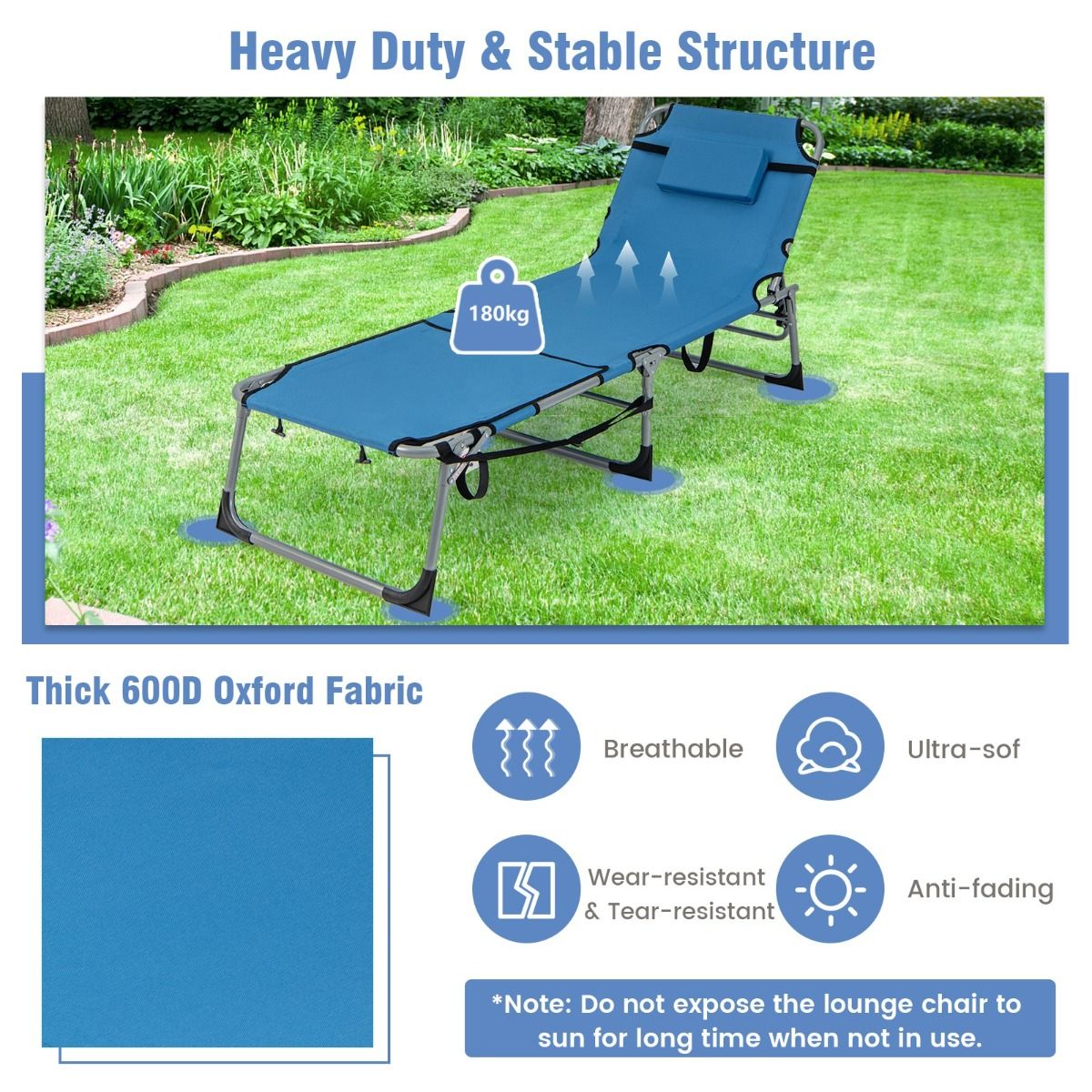 Bain de soleil COAST avec ouverture faciale - pliable - 193 x 60 x 34 cm - bleu