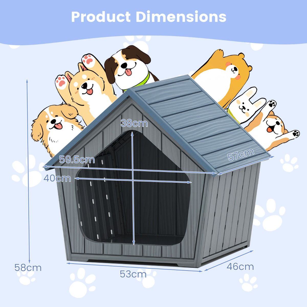 Maison pour chat Coast en plastique - Résistante aux intempéries - Grande entrée - Bleue et grise - 59,5 x 57 x 58 cm