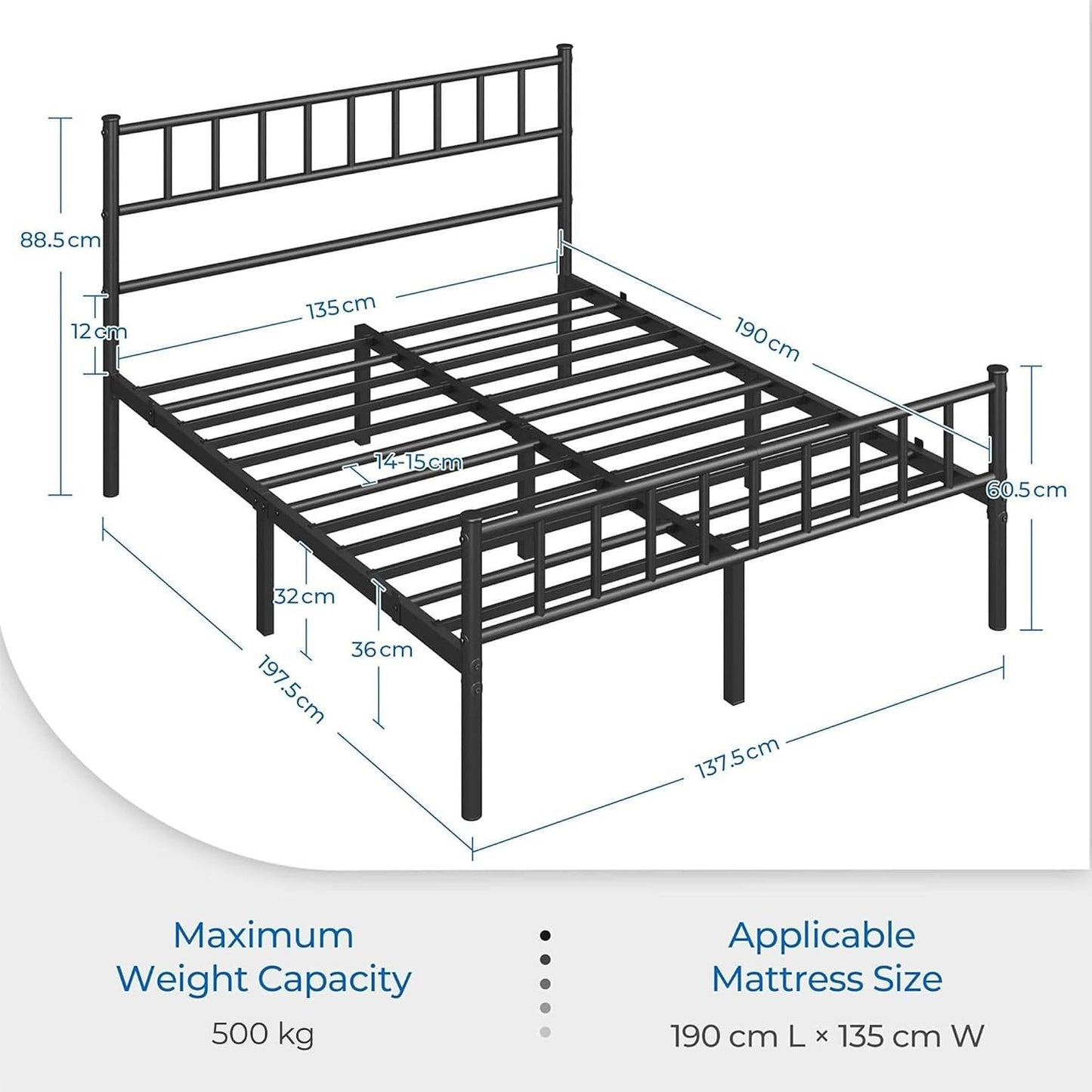 Cadre de lit Yaheetech 4ft6 - 500 kg - Avec tête de lit - Espace de rangement de 32 cm sous le lit - Noir