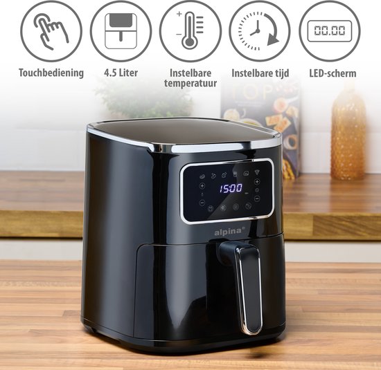 alpina Airfryer 4.5L- Friteuse à air chaud pour 3 à 4 personnes - Friteuse à air avec affichage numérique - Température réglable de 80°C à 200°C - Minuterie jusqu'à 60 minutes - Friteuse à air chaud 1450W