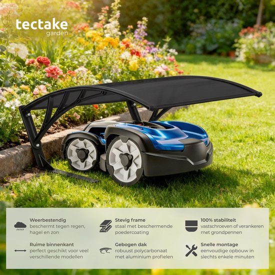 tectake® Garage pour tondeuse à gazon robotisée - Abri pour tondeuse à gazon - Station de recharge pour tondeuse à gazon robotisée - Résistant aux intempéries - 81 x 100 x 48 cm - 4 piquets de sol inclus - Noir