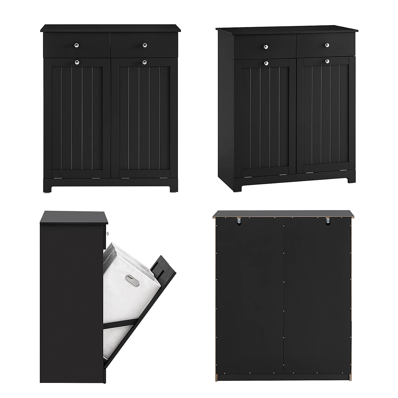 Armoire de salle de bains indépendante SoBuy avec panier à linge – Équipée de deux sacs à linge amovibles, de deux tiroirs et de quatre patins en silicone – Pour la salle de bains et la buanderie – MDF noir et tissu – 78 x 39 x 91 cm
