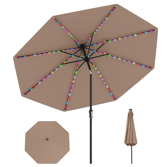 Parasol Coast avec éclairage LED à énergie solaire – Doté de neuf modes d'éclairage, d'un système d'inclinaison manuel et d'une poignée rotative pratique – Pour le jardin et la terrasse – Polyester beige et métal – 290 cm de largeur et 247 cm de hauteur
