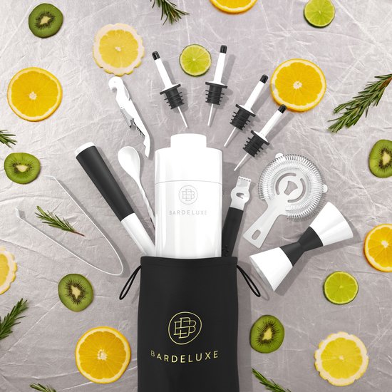 BarDeluxe® Cocktail Set - 12-Piece - Cocktail Shaker 750 ml - Stainless Steel - Includes Luxury Gift Box - Storage Bag & Recipe Book - White