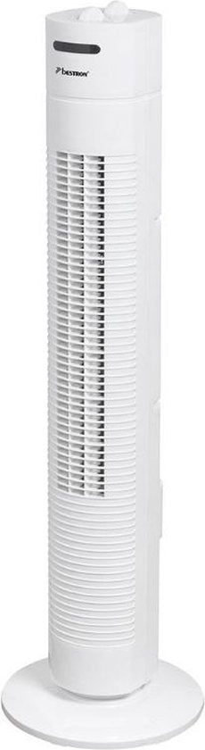 Bestron Ventilateur de tour, Ventilateur avec 3 vitesses et fonction de rotation de 75°, minuterie incluse, hauteur : 78 cm, 35W, AFT760W, couleur : blanc