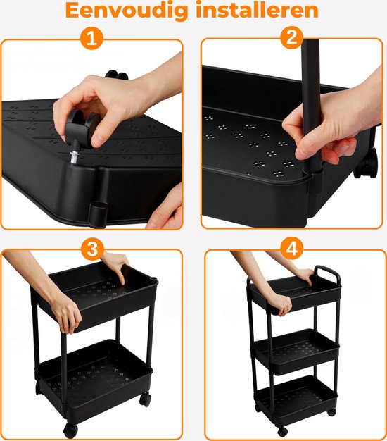 Chariot de cuisine Posity à roulettes – Chariot de service / Chariot de rangement / Étagère de cuisine / Chariot de cuisine – Mobile et fixe – 3 niveaux – Plastique – Noir