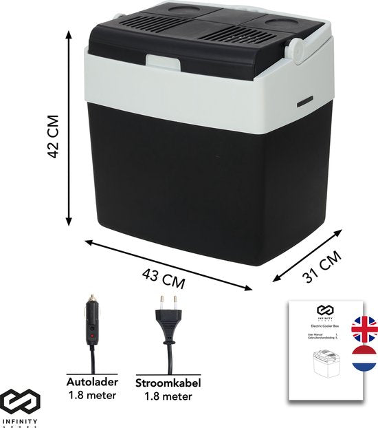 Infinity Goods Glacière électrique - 30L - Glacière - 12V et 230V - Frigobox - Réfrigération et chauffage - Noir