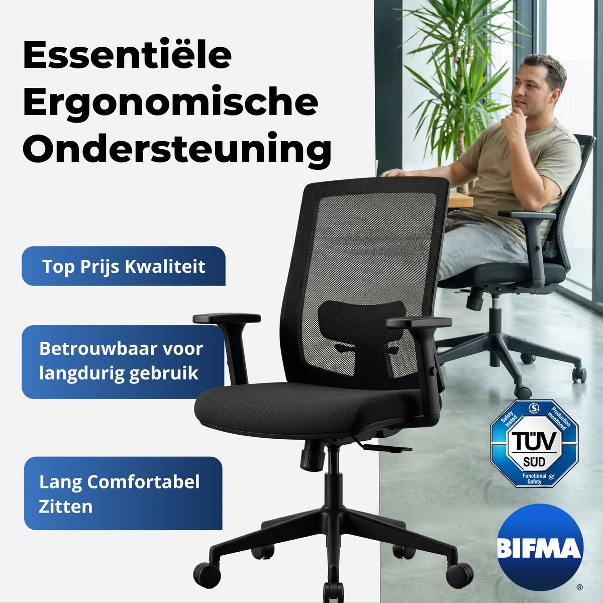 Chaise de bureau Backerz Low Mesh noire - Profondeur d'assise : 51 cm - Ergonomique - Jusqu'à 140 kg