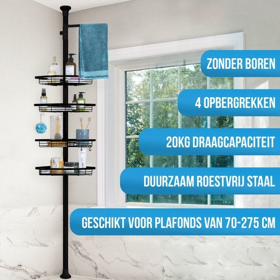 Etagère de salle de bain - Strex - Etagère de douche d'angle - Réglable - 70-275 cm - 4 paniers - Noir