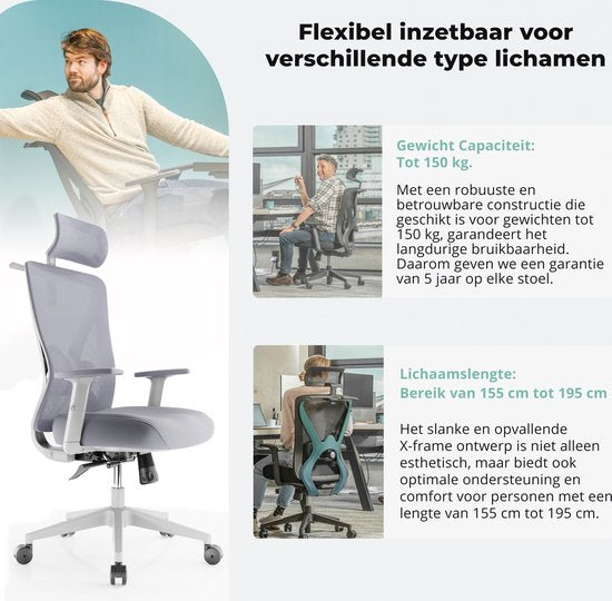 Backerz - Chaise de bureau ergonomique - hauteur d'assise 44-56 cm et certifiée EN1335 - équipée d'accoudoirs 3D et d'un support lombaire réglable - pour le bureau et les jeux - polypropylène et maille blanche/grise