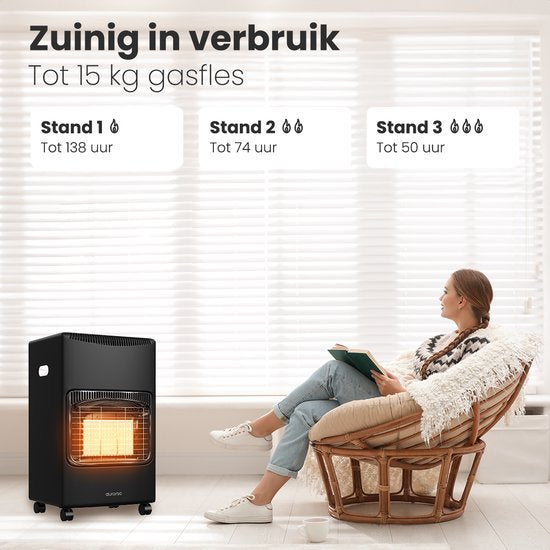 Auronic Mobile Gas Heater - with Wheels - up to 60 m² - 4100W Gas Heater - Includes Gas Pressure Regulator and Gas Hose - Black