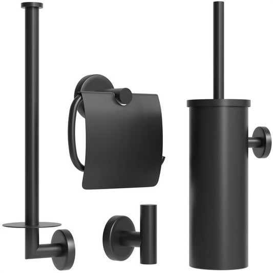 Avalo Toilet Accessories Set Black 4-Piece - Luxury Toilet Set - Brosse de toilette avec support / Porte-rouleau de toilette / Porte-rouleau de rechange / Crochet pour serviettes - Matériel de fixation inclus