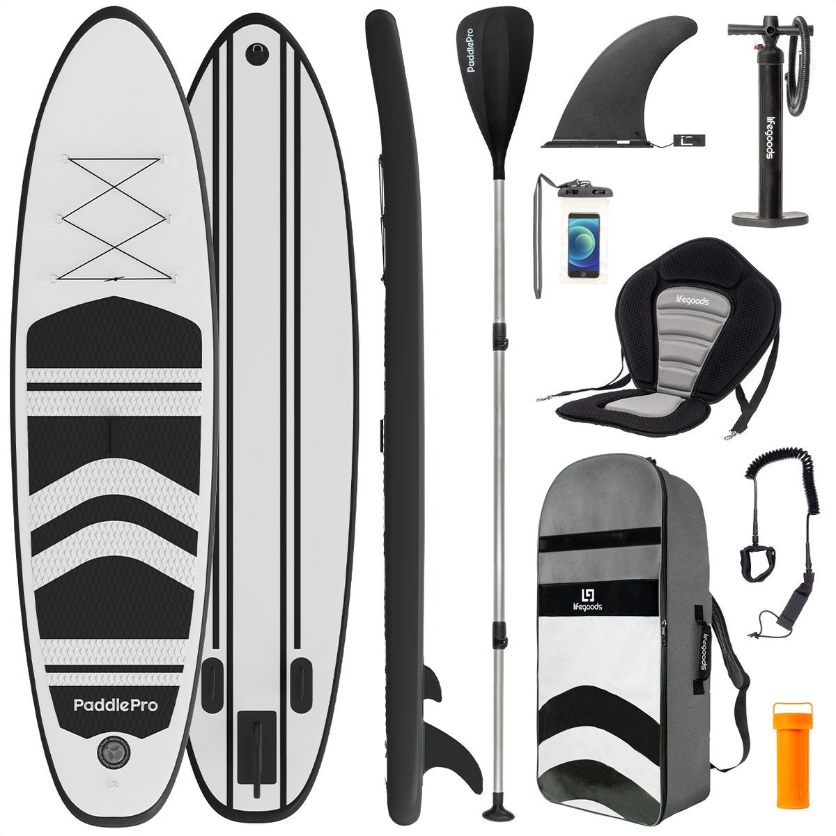 LifeGoods SUP Board - avec siège - Inflatable Paddle Board - Set complet - Max. 135KG - 320x81cm - Blanc/Noir