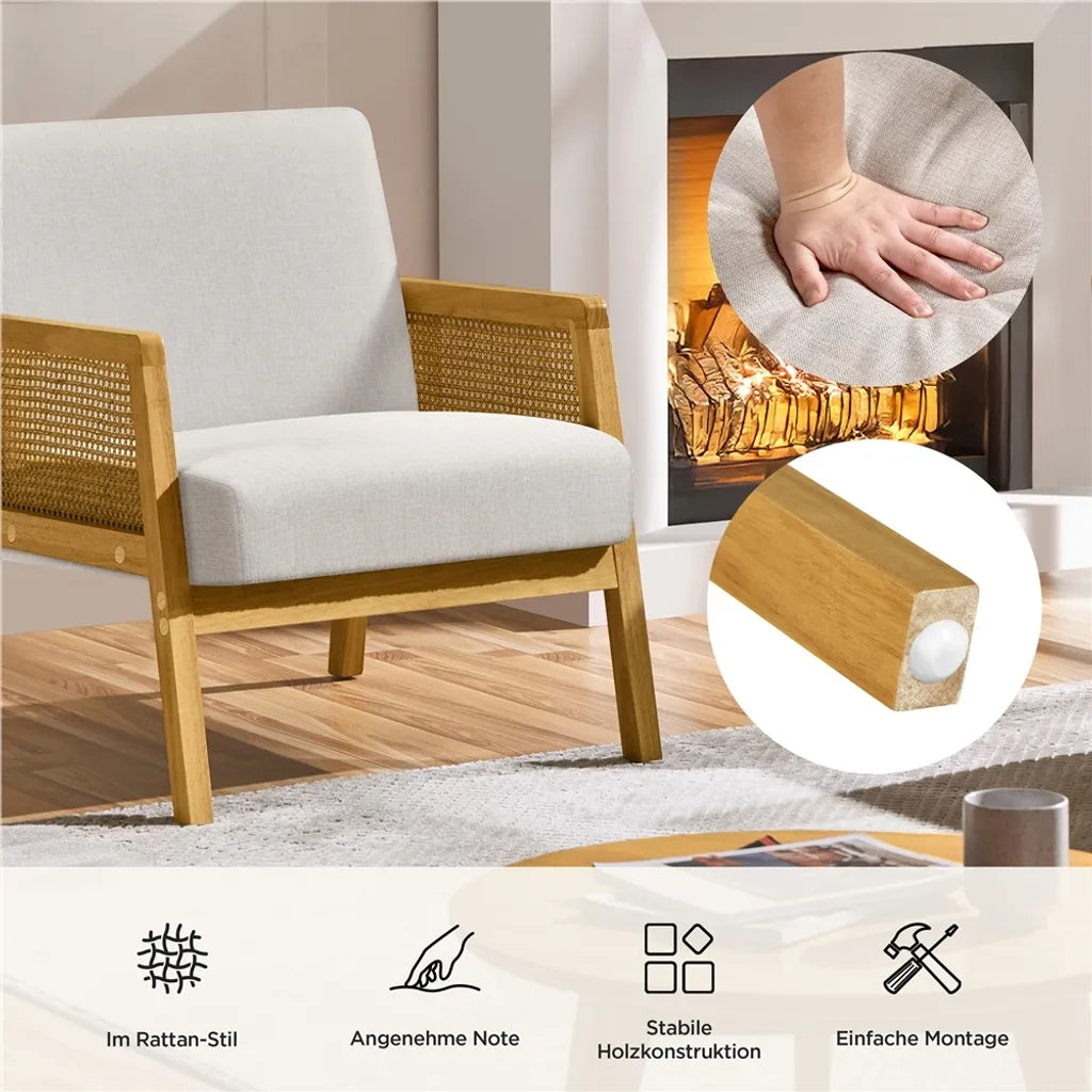 Fauteuil Yaheetech 65,5 x 71 x 74,5 cm - Beige - Fauteuil de salon rembourré avec accoudoirs en rotin