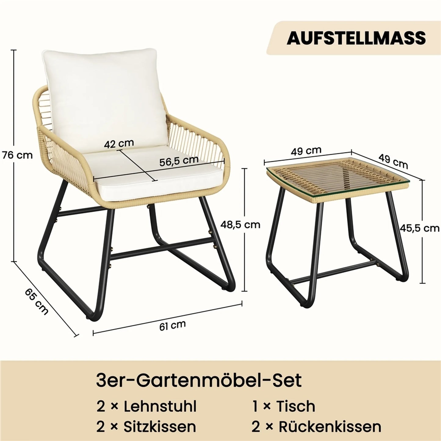 Yaheetech Bistro Garden Set 3-Piece - 61 x 65 x 76 cm - Comprend un plateau de table en verre et un siège et des coussins décoratifs - Pour balcon et terrasse - Light Brown and Metal