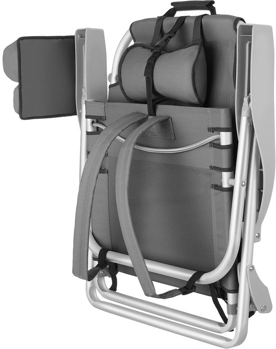 tectake® Beach Chair Coral - Chaise de camping pliable avec sac isotherme et sac de rangement - Dossier réglable en 5 directions avec coussin de tête - Accoudoirs larges avec porte-gobelet / porte-téléphone - Chaise de camping pliable - Gris