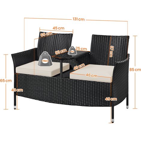 Banc de jardin Yaheetech pour 2 personnes - Avec tablette centrale en verre - 131 x 65,5 x 85 cm - Noir/beige