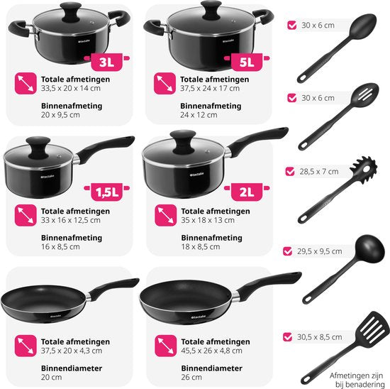 tectake® Ensemble de casseroles 15 pièces - Aluminium avec couvercles en verre - ustensiles inclus - Noir