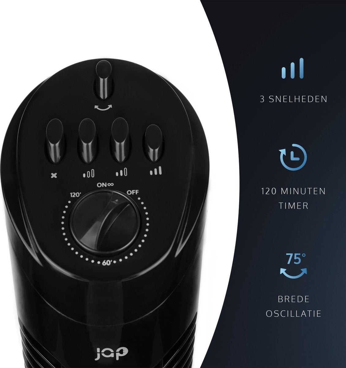 Ventilateur JAP Québec - 3 vitesses - Ventilateur de tour - Minuterie - Ventilateur colonne oscillante - Noir
