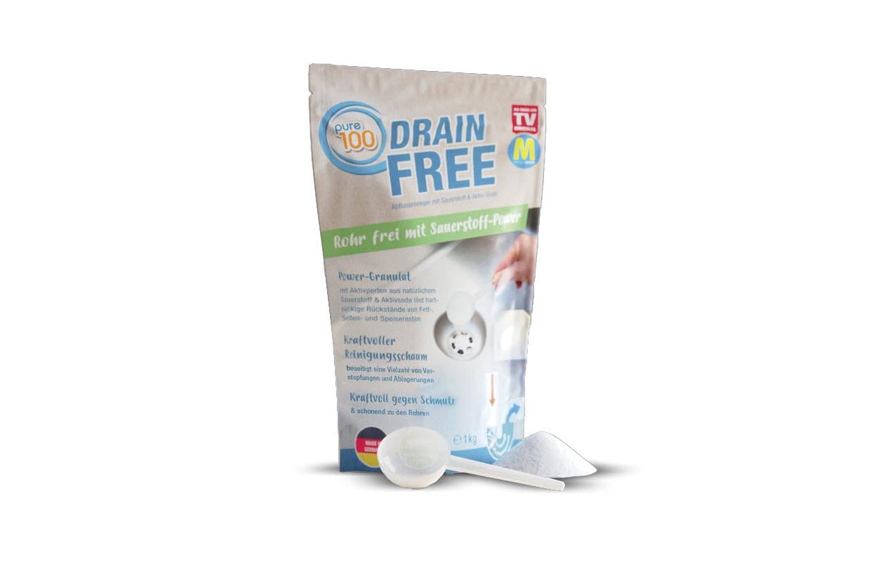Pure100 Drainfree Déboucheur - 1 kg de granulés - 22 x 14 x 5 cm - Nettoyant puissant pour canalisations
