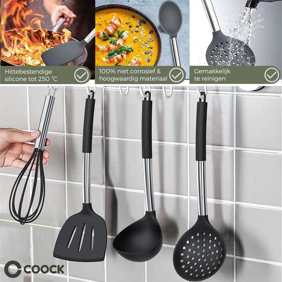 COOCK Batterie de cuisine avec support XL - Batterie de cuisine 17 pièces - Silicone - Sans BPA ni plastique - Susceptible d'être accrochée - Ouvre-boîte inclus