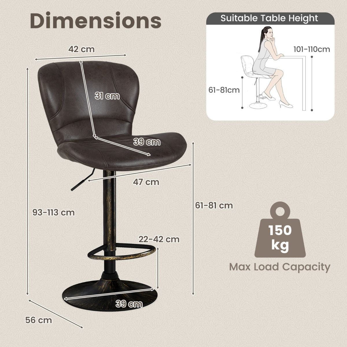 Ensemble de 2 tabourets de bar Coast - Réglables de 61 à 81 cm - Pivotants, avec dossier et repose-pieds - Marron