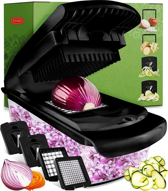 Mandoline Stosh - Coupe-légumes - Coupe-oignons - Coupe-spirale - 4 pièces - Noir - Sans BPA