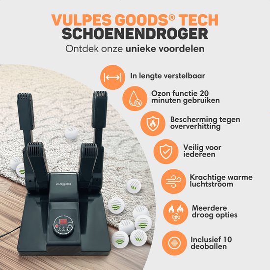 Vulpes Goods® Tech - Sèche-chaussures et rafraîchisseur de chaussures à l'ozone - Fonction ozone et séchage - Fonctions de séchage multiples - 10 rafraîchisseurs de chaussures inclus - Version PRO V2