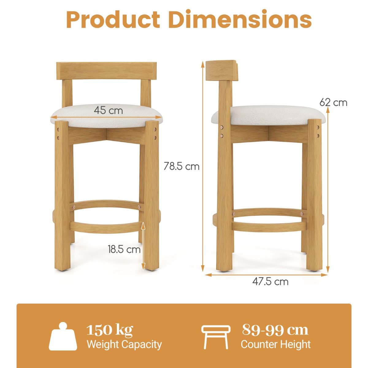 Ensemble de 2 tabourets de bar Coast - avec dossier et repose-pieds - assise en velours teddy - hauteur d'assise 62 cm - couleur naturelle et beige