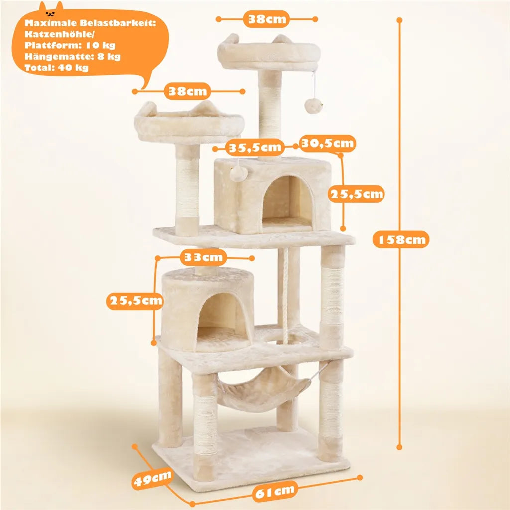 Yaheetech Scratch Post Beige - 158 cm de haut - Avec 2 plateformes, 2 maisons pour chats et 5 griffoirs en sisal