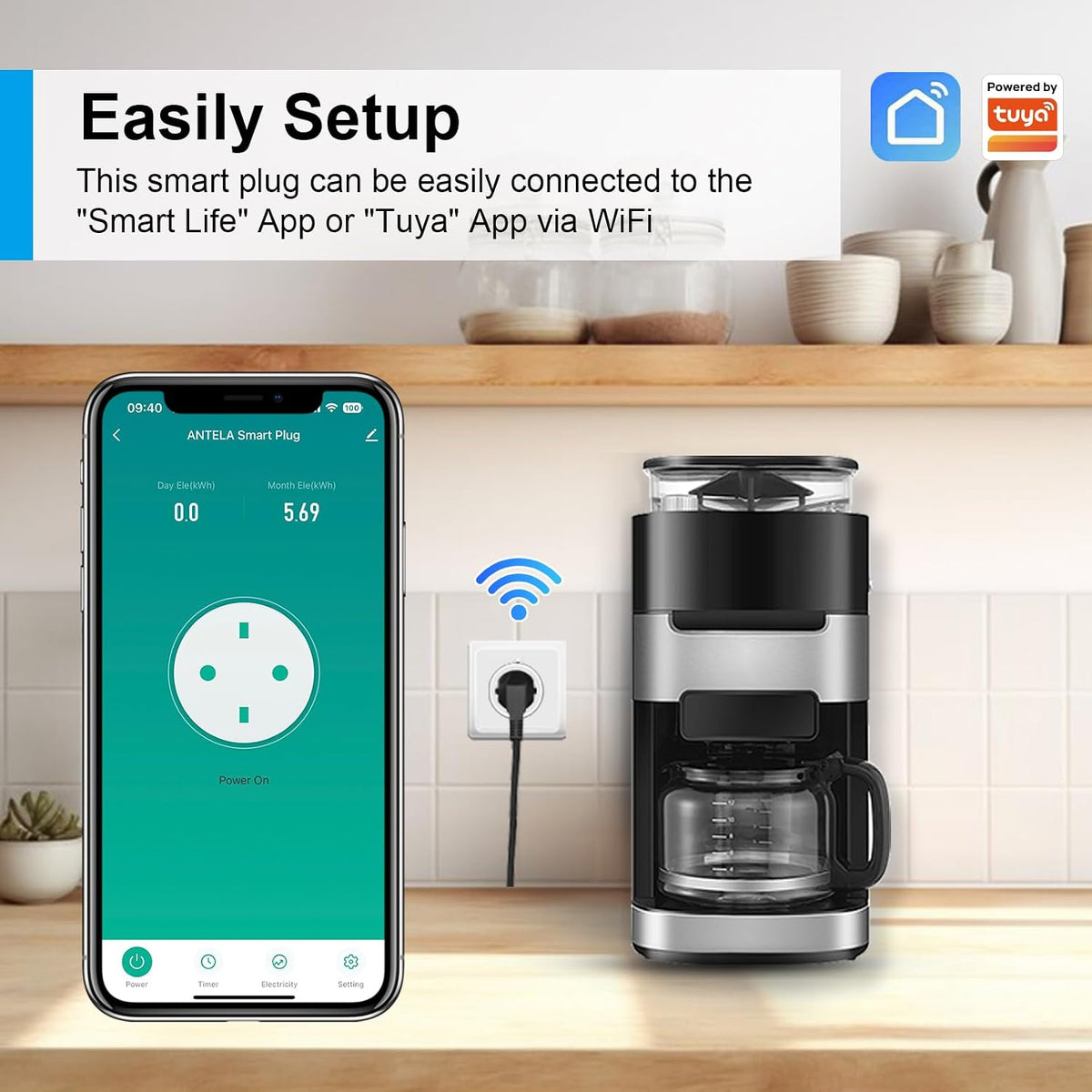 Prises intelligentes Antela avec compteur de consommation d'énergie, lot de 2 – Wi-Fi et commande vocale – Blanc – ABS ignifuge