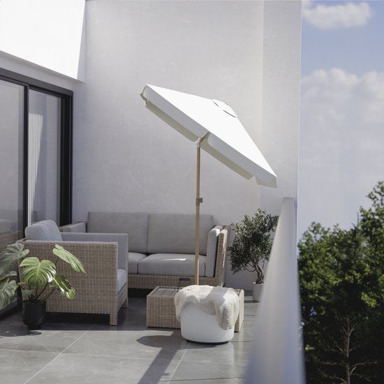 LifeGoods Parasol - Jardin - Parasol de balcon - 200x125cm - 30° inclinable - Imperméable - UPF50+ - Revêtement en bois - Crème