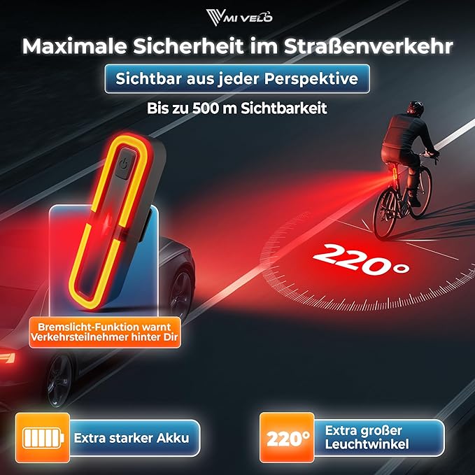 Feu arrière vélo avec indicateur de freinage - feu arrière homologué StVZO avec batterie d'alimentation - feu arrière vélo rechargeable USB-C étanche IPX5 - feu arrière LED pour vélo de route, VTT & gravel bike