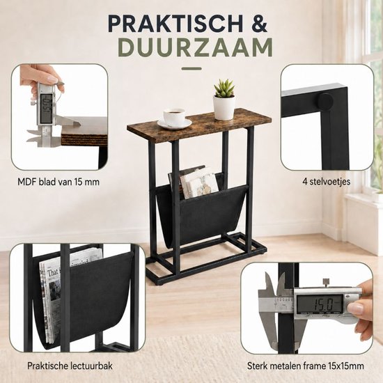Table d'appoint Ceruzo avec porte-revues – Étroite – Noir et marron - H 55 cm