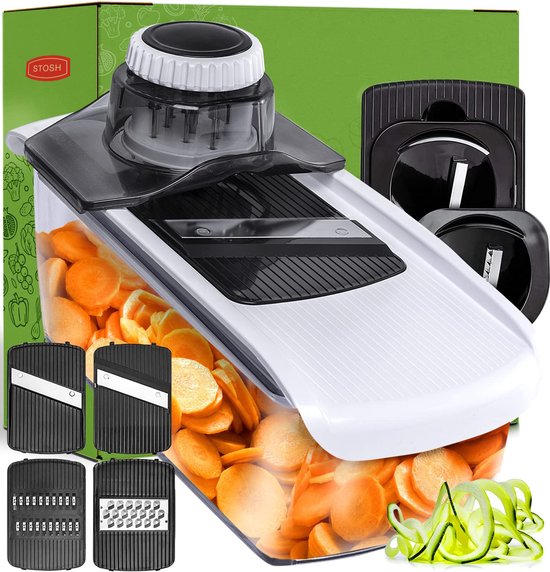 Mandoline Stosh - Coupe-légumes - Coupe-oignons - Coupe-spirale - Râpe - 6 pièces - Plastique - Sans BPA