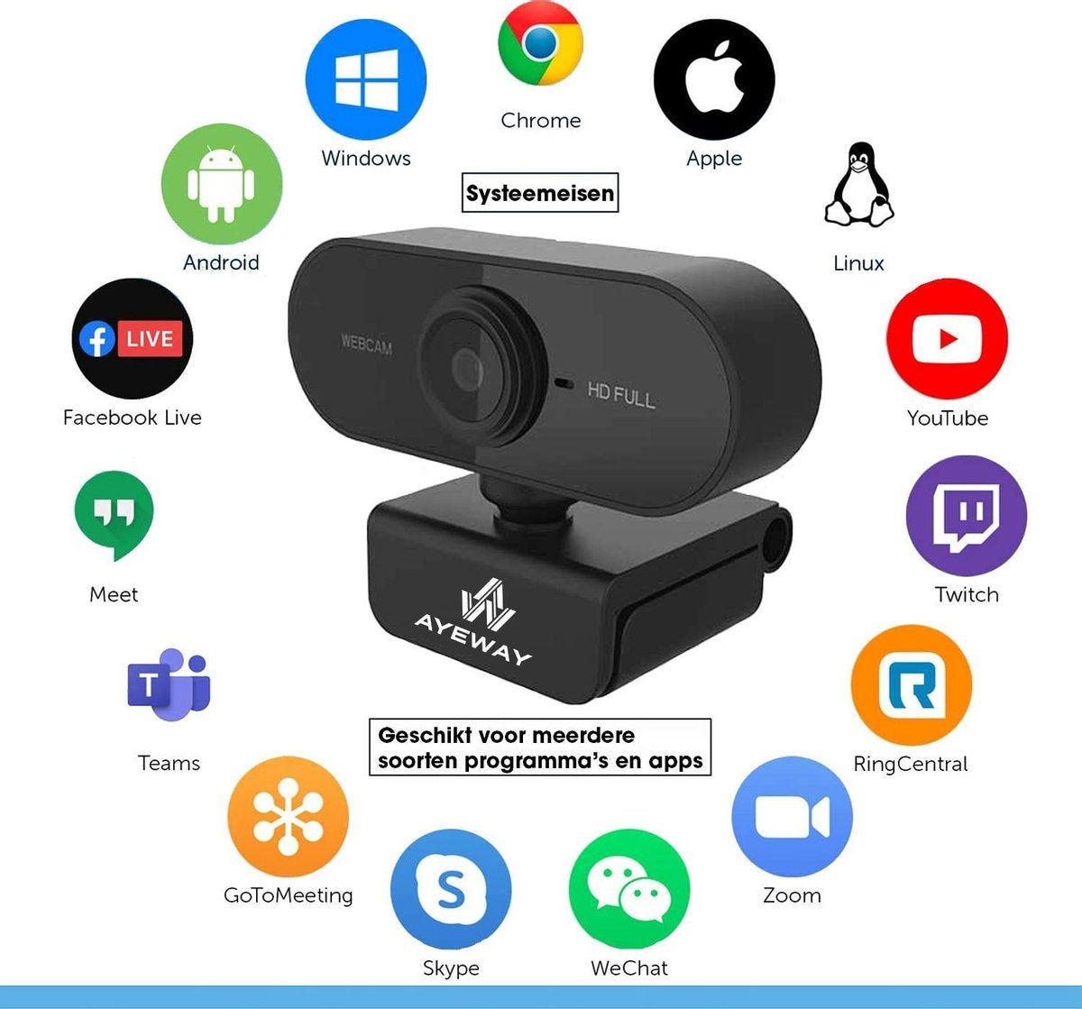 AyeWay Full HD Webcam - Incl. Privacy Cover - Webcam voor PC - Werk & Thuis - Windows & Mac