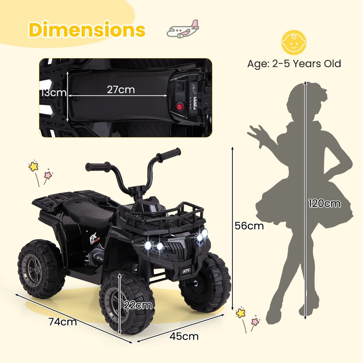 Quad électrique pour enfants Coast - avec lecteur MP3 - marche avant et arrière - noir
