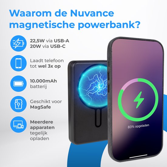 Nuvance Powerbank 10000 mAh - Adapté à MagSafe - Chargeur rapide 15W - Wireless Powerbank - Usb-A 22.5W & Usb-C 20W - Noir