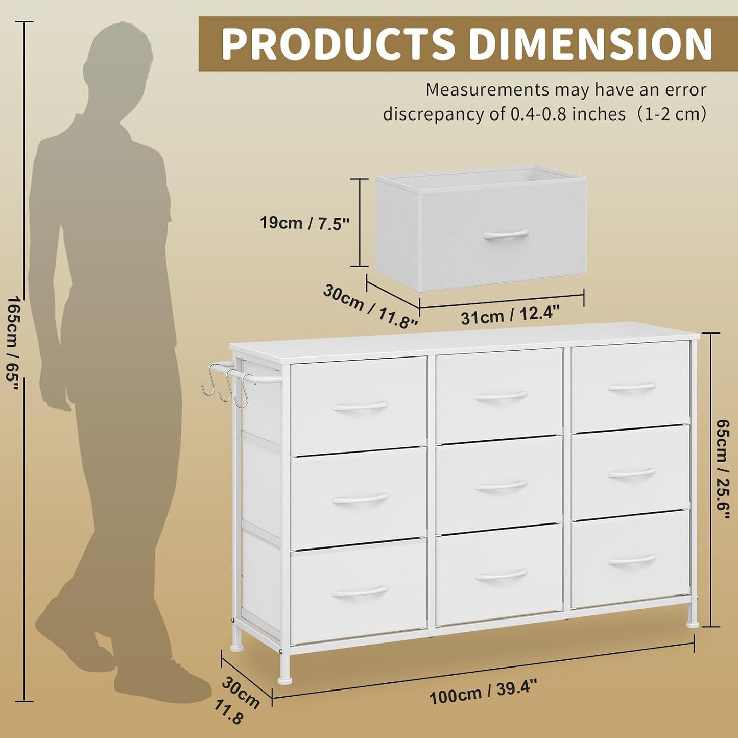 Leader Accessories Commode à 9 tiroirs en tissu pour l'entrée et le salon - 100 x 30 x 65 cm - Blanc