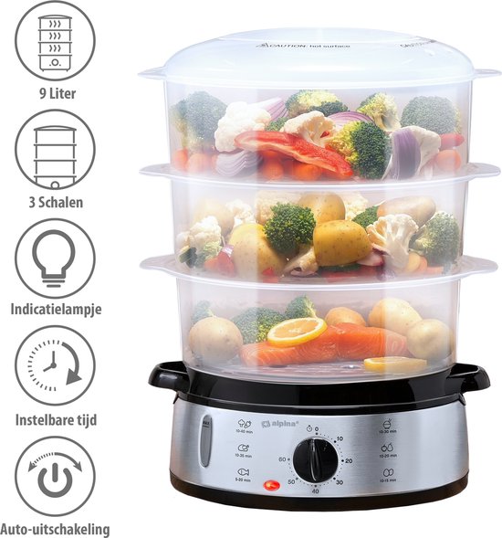 Cuiseur vapeur Alpina 9 L - Cuiseur vapeur 800 W - Cuiseur vapeur avec minuterie et fonction de maintien au chaud - Cuiseur vapeur à 3 niveaux - Cuiseur vapeur pour légumes, riz, poulet, fruits, poisson et œufs - Acier inoxydable