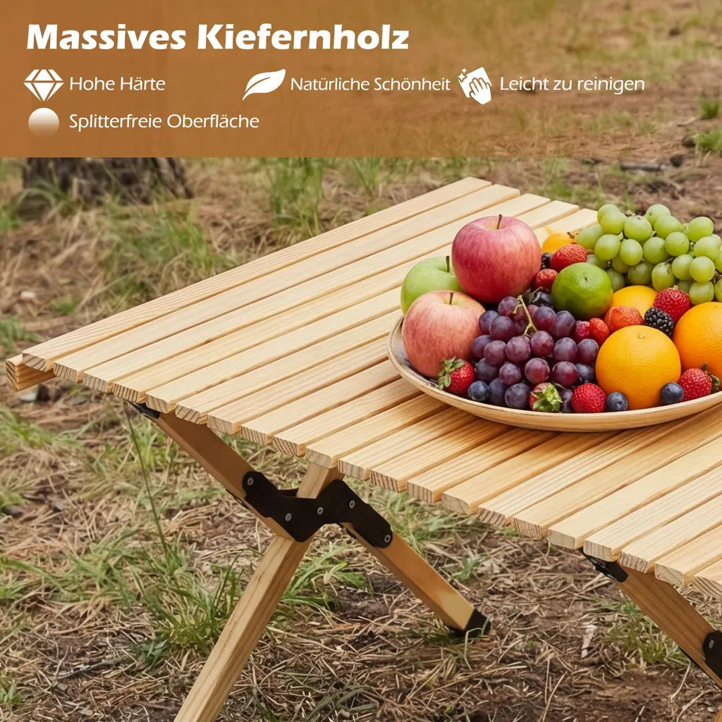 Table de camping pliable Coast 122 × 60 × 45 cm – Table de pique-nique en bois pour 4 à 6 personnes avec plateau enroulable et sac de transport – Naturel